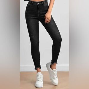 Black Skinny, Stretch Denim Jeans | Chewed Hem | 6 Petite | NWT